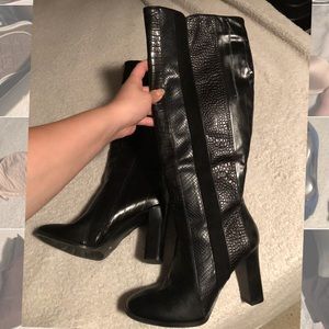 Black leather snake skin knee high boots 8M